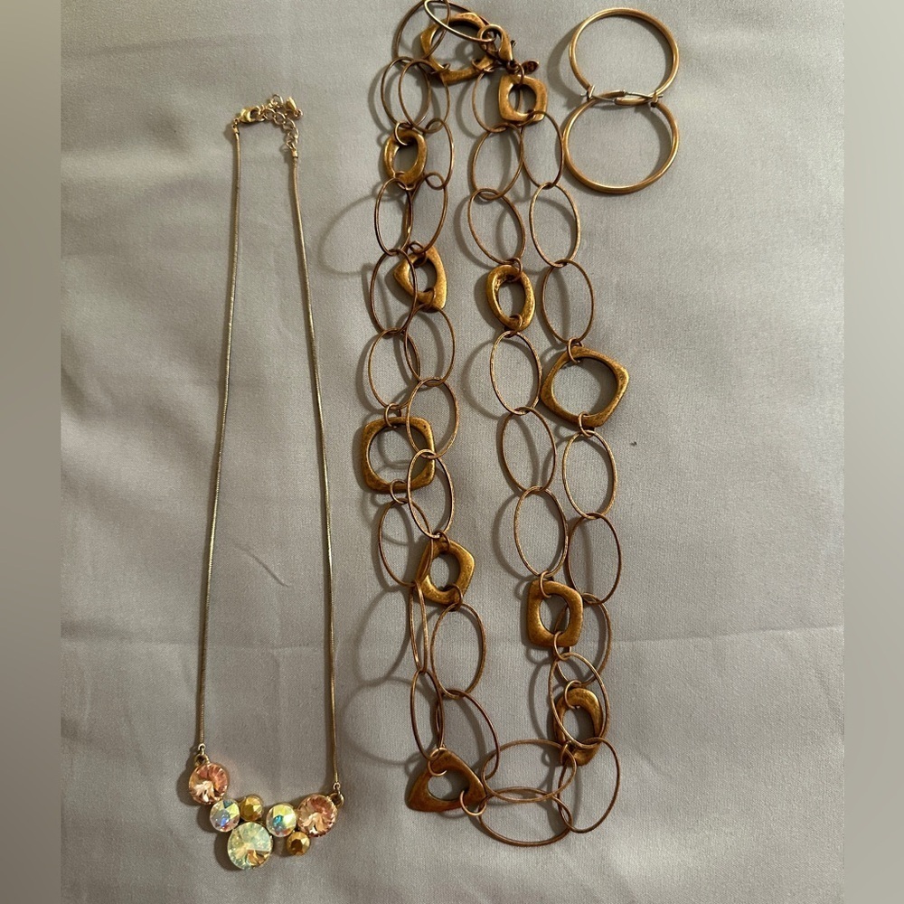Premiere Designs necklace, Swarovski crystal necklace, hoop earrings.